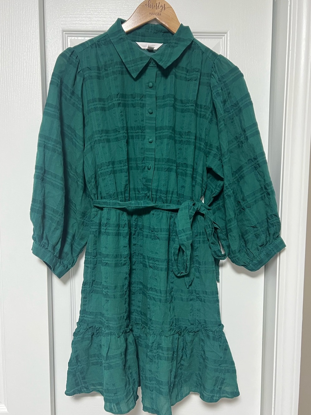 LC Lauren Conrad Emerald Green Textured Plaid Tie Waist Shirt Dress M